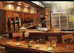 Rule 34 | bayashiko, black hair, bob cut, chopsticks, cup, drinking glass, from behind, izakaya, letterboxed, mug, original, third-party edit, translation request, tray