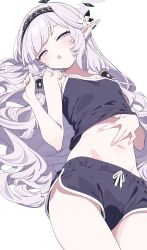 Rule 34 | 1girl, absurdres, black hairband, black shorts, blue archive, blush, dolphin shorts, flower, grey hair, hair flower, hair ornament, hair tubes, hairband, halo, highres, himari (blue archive), hiroikara (smhong04), long hair, looking at viewer, lying, mole, mole under eye, navel, open mouth, pointy ears, purple eyes, short shorts, shorts, simple background, sleeveless, solo, white background, white flower