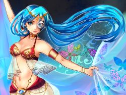Rule 34 | 1girl, asanome, bikini, bikini top only, blue eyes, blue hair, bug, butterfly, hatsune miku, insect, long hair, matching hair/eyes, midriff, navel, outstretched arms, solo, spread arms, swimsuit, twintails, very long hair, vocaloid