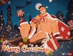 Rule 34 | 1boy, :d, bara, bare pectorals, beard, cape, chest hair, christmas, city lights, facial hair, flying nimbus, full body, full moon, fur-trimmed shorts, fur trim, gift boy, grin, hat, large pectorals, looking at viewer, magic carpet, male focus, mature male, merry christmas, moon, muscular, muscular male, mustache, navel, nipples, no shirt, open mouth, original, pectorals, red cape, santa costume, santa hat, short hair, shorts, sideburns, sitting, smile, solo, stomach, undercut, xian miao