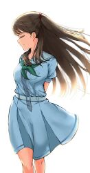 Rule 34 | 1girl, arms behind back, backlighting, breasts, brown hair, closed eyes, closed mouth, commentary, dress, facing to the side, feet out of frame, fujishima megumi, green neckerchief, hasu no sora school uniform, highres, large breasts, light smile, link! like! love live!, long hair, love live!, medium dress, mendo (mend0o0 ), neckerchief, pleated dress, profile, sailor collar, sailor dress, school uniform, short sleeves, simple background, solo, two side up, virtual youtuber, walking, white background, white dress, white sailor collar