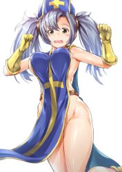 Rule 34 | 1girl, blue hair, boots, breasts, brown eyes, cosplay, cross, dragon quest, dragon quest iii, ganari ryuu, gloves, granblue fantasy, hat, highres, large breasts, long hair, mitre, naked tabard, no bra, no panties, open mouth, priest (dq3), priest (dq3) (cosplay), solo, sophia (granblue fantasy), tabard, twintails