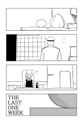 Rule 34 | 10s, 1boy, 1girl, absurdres, admiral (kancolle), c-button, comic, egg, english text, engrish text, greyscale, hair over eyes, hat, highres, kantai collection, kitchen, military, military hat, military uniform, monochrome, naval uniform, neck ribbon, onion, peaked cap, ponytail, ranguage, ribbon, school uniform, shiranui (kancolle), short hair, sitting, translation request, uniform