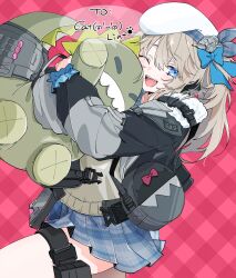 Rule 34 | 1girl, animal bag, backpack, bag, beret, blonde hair, blue bow, bow, citron80citron, fur-trimmed jacket, fur trim, girls&#039; frontline, girls&#039; frontline 2: exilium, hair bow, hat, highres, hug, hugging object, jacket, long hair, one eye closed, one side up, open clothes, open jacket, open mouth, plaid, plaid skirt, pleated skirt, second-party source, shoulder bag, skirt, smile, solo, teeth, upper teeth only, vepley (girls&#039; frontline 2), white hat