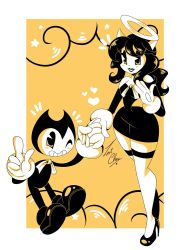 Rule 34 | 1boy, 1girl, alice (bendy and the ink machine), bendy, bendy and the ink machine, black footwear, black hair, black lips, breasts, detached sleeves, gloves, halo, high heels, hip focus, horns, long hair, one eye closed, wink, zanty chan