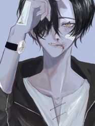 1boy, absurdres, bandaid, bandaid on face, bandaid on hand, bishounen, black hair, blood, blood on face, bloody nose, blue background, collarbone, earlgrey3183, fang, fingernails, hair over one eye, highres, jacket, male focus, open clothes, open jacket, original, parted lips, simple background, slit pupils, solo, upper body, watch, wristwatch, x, yellow eyes, zipper