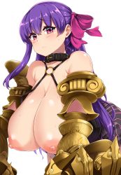 Rule 34 | 10s, 1girl, bare shoulders, belt collar, blush, bow, breasts, claws, cleavage, collar, fate/extra, fate/extra ccc, fate (series), frown, gigantic breasts, hair bow, hair ribbon, highres, long hair, looking at viewer, moisture (chichi), nipples, o-ring, o-ring top, passionlip (fate), pink eyes, pink ribbon, purple hair, ribbon, simple background, solo, striped, very long hair, white background