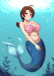 Rule 34 | 1girl, ahoge, air bubble, alternate species, blush, breasts, brown eyes, brown hair, bubble, closed mouth, collarbone, commentary request, creatures (company), delia ketchum, full body, game freak, hand up, highres, large breasts, long hair, mature female, mermaid, monster girl, monsterification, namu (112namu), navel, nintendo, plump, pokemon, pokemon (anime), pokemon (classic anime), ponytail, shell, shell bikini, solo, underwater