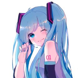 Rule 34 | 1girl, absurdres, aqua nails, aqua necktie, azu (azukagamine), bare shoulders, black sleeves, blue eyes, blue hair, commentary, detached sleeves, grey shirt, hair ornament, hand up, hatsune miku, headset, highres, holding, holding own hair, long hair, looking at viewer, nail polish, necktie, one eye closed, shirt, shoulder tattoo, sidelighting, sleeveless, sleeveless shirt, smile, solo, tattoo, twintails, upper body, very long hair, vocaloid, white background