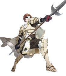 Rule 34 | 1boy, 88 taho, armor, armored boots, boots, cape, conrad (fire emblem), fire emblem, fire emblem echoes: shadows of valentia, fire emblem heroes, full body, fur trim, gloves, highres, male focus, mask, nintendo, official art, orange hair, polearm, scarf, solo, spear, transparent background, weapon, white armor