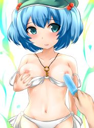Rule 34 | 1girl, bad id, bad pixiv id, bikini, bikini pull, blue eyes, blue hair, blush, breasts, clothes pull, food, hair bobbles, hair ornament, hat, highres, jewelry, kawashiro nitori, key, looking at viewer, navel, nipples, open mouth, pendant, popsicle, pulling own clothes, short hair, solo focus, strap slip, swimsuit, touhou, twintails, two side up, white bikini, yoshimo
