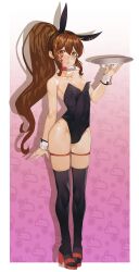Rule 34 | 1girl, animal ears, black leotard, black thighhighs, breasts, brown eyes, brown hair, cleavage, commentary, commission, detached collar, english commentary, gradient background, groin, heart, heart tattoo, high heels, highres, leotard, long hair, original, pink background, playboy bunny, ponytail, rabbit ears, red footwear, sidelocks, small breasts, solo, standing, tattoo, thighhighs, tomatolover16, wrist cuffs