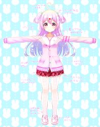Rule 34 | 1girl, ahoge, arrow (symbol), blue background, blush, cardigan, character name, closed mouth, collarbone, collared shirt, full body, hair between eyes, hair ornament, heart, heart-shaped pupils, heart ahoge, indie virtual youtuber, long hair, long sleeves, original, outstretched arms, pastel colors, pink cardigan, pink footwear, pink hair, plaid, plaid skirt, pleated skirt, red eyes, red skirt, sawa (sawasaku), shirt, shoes, sidelocks, skirt, sleeves past fingers, sleeves past wrists, smile, solo, spread arms, standing, symbol-shaped pupils, thighhighs, translation request, two side up, very long hair, virtual youtuber, white shirt, white thighhighs