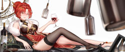 Rule 34 | 1girl, :d, alternate costume, anklet, bare shoulders, black thighhighs, blush, breasts, brown eyes, china dress, chinese clothes, cleavage, cup, cupping glass, dress, drinking glass, feather boa, feet, full body, hair between eyes, hair ornament, hair up, hbb, highres, holding, holding cup, honkai (series), honkai impact 3rd, jewelry, large breasts, legs, long hair, looking at viewer, mole, mole on breast, murata himeko, murata himeko (vermillion knight), open mouth, parted bangs, reclining, red hair, shoe dangle, sidelocks, single thighhigh, smile, solo, thighhighs, wine glass