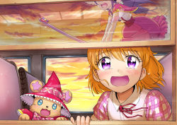 Rule 34 | 2girls, :d, asahina mirai, bear, blonde hair, blue eyes, bow, braid, broom, broom riding, cloud, cloudy sky, crown braid, dress, evening, folded ponytail, from outside, gradient sky, ha-chan (mahou girls precure!), hair bow, happy tears, hat, head out of frame, highres, itou shin&#039;ichi, izayoi liko, long hair, looking outside, magic school uniform, mahou girls precure!, mofurun (mahou girls precure!), multiple girls, neck ribbon, open mouth, open window, precure, puffy short sleeves, puffy sleeves, purple eyes, purple hair, reflection, ribbon, school uniform, seat, short hair, short sleeves, sky, smile, star (symbol), star in eye, stuffed toy, symbol in eye, tearing up, tears, train interior, twilight, window, witch hat