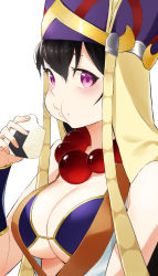 Rule 34 | 1girl, absurdres, bare shoulders, bead necklace, beads, bikini, blue bikini, blush, breasts, bridal gauntlets, brown hair, cleavage, eating, fate/grand order, fate (series), food, hair between eyes, hat, highres, jewelry, large breasts, long hair, looking at viewer, necklace, onigiri, prayer beads, purple eyes, simple background, solo, swimsuit, tochi keisuke, white background, xuangzang sanzang (fate)