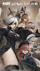 Rule 34 | 1boy, 2b (nier:automata), 5girls, 9s (nier:automata), a2 (nier:automata), anis (nikke), ass, black blindfold, black dress, black headwear, black jacket, blindfold, blush, breasts, brown hair, cleavage, cleavage cutout, clothing cutout, crossover, dress, feather-trimmed sleeves, glasses, gloves, goddess of victory: nikke, green eyes, grey hair, gun, hair ornament, hat, highres, holding, holding gun, holding weapon, ishikawa yui, jacket, large breasts, long hair, long sleeves, medium breasts, mole, mole under mouth, multiple girls, neon (nikke), nier:automata, nier (series), official art, open mouth, rapi (nikke), red eyes, shirt, short hair, thick thighs, thighhighs, thighs, two-sided dress, two-sided fabric, voice actor connection, weapon, white hair, white headwear, white shirt, yellow eyes