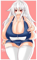 Rule 34 | 10s, 1girl, alternate breast size, ayazumi flutter, blue one-piece swimsuit, blush, breasts, bursting breasts, cleavage, collarbone, fat, female focus, gigantic breasts, kantai collection, kikuzuki (kancolle), long hair, looking at viewer, one-piece swimsuit, plump, red eyes, school swimsuit, sideboob, silver hair, simple background, solo, standing, swimsuit, thigh gap, thighhighs, white thighhighs, wide hips
