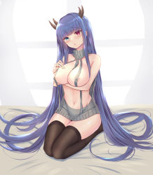 Rule 34 | 1girl, :o, absurdres, areola slip, azur lane, bare shoulders, bed sheet, black thighhighs, blue eyes, blue hair, breasts, commentary request, habu rin, head tilt, heterochromia, highres, horns, ibuki (azur lane), large breasts, long hair, looking at viewer, meme attire, multiple horns, navel, no shoes, parted lips, red eyes, seiza, sitting, solo, thighhighs, very long hair, virgin killer sweater