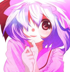 Rule 34 | 1girl, bad id, bad pixiv id, female focus, hair over one eye, hat, hidakarumen, lowres, mob cap, own hands together, pink hat, purple hair, red eyes, remilia scarlet, short hair, simple background, solo, touhou