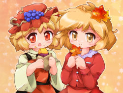 Rule 34 | 2girls, :q, aki minoriko, aki shizuha, apron, bad id, bad pixiv id, blonde hair, blouse, dress, female focus, food, food on face, fruit, gradient background, grapes, hair ornament, hat, leaf, leaf hair ornament, looking at viewer, maple leaf, multiple girls, red eyes, shirt, short hair, siblings, sisters, smile, star (symbol), sweet potato, tongue, tongue out, touhou, wide sleeves, yellow eyes, zipang (zip@ng works)