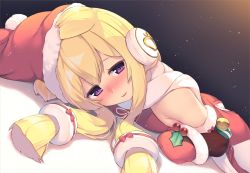 Rule 34 | 1girl, azur lane, bare shoulders, blonde hair, blush, breasts, brown sleeves, christmas, commentary request, detached sleeves, dress, dutch angle, fur-trimmed headwear, fur-trimmed mittens, fur-trimmed sleeves, fur trim, hair between eyes, hair ears, hair ornament, hat, highres, long hair, long sleeves, looking at viewer, looking to the side, mittens, nose blush, olive (laai), parted lips, purple eyes, red dress, red hat, red mittens, santa hat, scarf, small breasts, smile, solo, warspite (azur lane), warspite (christmas warrior) (azur lane), white scarf