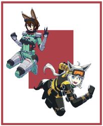 Rule 34 | 2girls, animal ear fluff, animal ears, apex legends, black gloves, bodysuit, brown hair, clenched hand, clenched hands, commentary, cosplay, donkey ears, donkey girl, english commentary, feilereht, fox ears, fox girl, fox tail, gloves, goggles, goggles on head, hololive, horizon (apex legends), horizon (apex legends) (cosplay), mirage (apex legends), mirage (apex legends) (cosplay), multiple girls, roboco-san, shirakami fubuki, smile, spacesuit, tail, v, virtual youtuber, white hair, yellow bodysuit