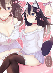 Rule 34 | 10s, 1girl, alternate costume, ancolatte (onikuanco), anger vein, animal ears, arms behind back, bare shoulders, black hair, black thighhighs, blue eyes, blush, bound, bound wrists, breasts, checkered background, choker, cleavage, collarbone, commentary request, covered erect nipples, extra ears, fang, fang out, grey hair, grey wolf (kemono friends), hair between eyes, heterochromia, highres, kemono friends, looking at viewer, medium breasts, miniskirt, multicolored hair, multiple views, outline, red choker, sitting, skirt, tail, tears, thighhighs, translation request, white outline, wolf ears, wolf tail, yellow eyes