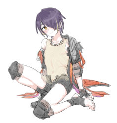 Rule 34 | 1boy, androgynous, arm support, boots, brown eyes, collarbone, elbow pads, ensemble stars!, fingerless gloves, gloves, hair over one eye, jewelry, knee pads, knee up, looking to the side, matangom, multicolored hair, necklace, off shoulder, purple hair, sengoku shinobu, shorts, simple background, sitting, smile, solo, streaked hair, tank top, toes, open fly, white background