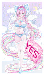 1girl :d absurdres animal animal_slippers blonde_hair blue_bow blue_bra blue_footwear blue_hair blue_shorts blush bow bow_bra bra braid bunny_slippers cat commentary_request commission crescent full_body green_eyes green_hair hair_between_eyes hair_bow heterochromia highres holding holding_pillow long_hair long_sleeves looking_at_viewer multicolored_hair navel open_mouth original pillow pink_hair purple_eyes rabbit shark short_shorts shorts shrug_(clothing) slippers smile solo standing streaked_hair tandohark thighhighs twin_braids twitter_username underwear very_long_hair white_cat white_thighhighs wide_sleeves yes yes-no_pillow