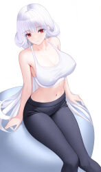 Rule 34 | 1girl, azur lane, bare arms, bare shoulders, black pants, breasts, commentary request, crop top, feet out of frame, highres, large breasts, leggings, long hair, looking at viewer, marseillaise (azur lane), marseillaise (fighting angel&#039;s regimen) (azur lane), midriff, navel, official alternate costume, pants, parted lips, red eyes, simple background, sitting, solo, sports bra, stomach, thighs, tina (tinafya), very long hair, white background, white hair