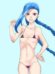 Rule 34 | 1girl, bare shoulders, bikini, braid, breasts, highres, jinx (league of legends), league of legends, long hair, pink eyes, simple background, small breasts, solo, swimsuit, twin braids, very long hair