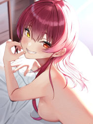 Rule 34 | 1girl, back, backlighting, blush, breast press, breasts, from behind, grin, hair down, heterochromia, highres, hololive, houshou marine, long hair, looking at viewer, lying, medium breasts, nude, nyaa28, on bed, on stomach, red eyes, red hair, sideboob, smile, solo, sunlight, symbol-only commentary, upper body, virtual youtuber, yellow eyes