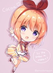 Rule 34 | 1girl, :d, amedamacon, apron, big head, blush, bow, brown background, brown hair, character name, chibi, commentary request, copyright name, full body, gochuumon wa usagi desu ka?, hair between eyes, hair ribbon, hairband, heart, hoto cocoa, kneehighs, open mouth, outstretched arm, purple eyes, red bow, red footwear, red hairband, red ribbon, ribbon, shadow, shoes, simple background, skirt, smile, socks, solo, striped bow, striped clothes, striped skirt, twitter username, vertical-striped clothes, vertical-striped skirt, vest, waist apron, white apron, white socks, wrist cuffs, yellow skirt, yellow vest