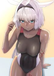 Rule 34 | 1girl, animal ears, arm support, black one-piece swimsuit, body markings, caenis (fate), collarbone, commentary request, competition swimsuit, dark-skinned female, dark skin, fate/grand order, fate (series), from above, hair intakes, hand in own hair, higofushi, looking at viewer, nail polish, one-piece swimsuit, parted lips, rabbit ears, short hair, sitting, solo, swimsuit, white hair, white nails