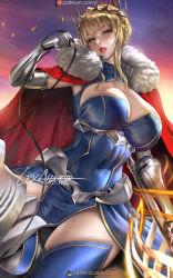 Rule 34 | 1girl, armor, artoria pendragon (fate), artoria pendragon (lancer) (fate), braid, breasts, cape, cleavage, cleavage cutout, clothing cutout, elbow gloves, fate/grand order, fate (series), french braid, fur-trimmed cape, fur trim, gauntlets, gloves, green eyes, heattech leotard, large breasts, leotard, lexaiduer, lips, looking at viewer, navel, parted lips, pink lips, skindentation, solo, thick lips, thighs, turtleneck