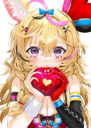 Rule 34 | 1girl, :o, absurdres, animal ears, apple, bare shoulders, blonde hair, blue bow, bow, breasts, cleavage, food, fox ears, fox girl, fruit, gloves, hair bow, hands up, highres, holding, holding food, holding fruit, hololive, kou mashiro, long hair, looking at viewer, medium breasts, omaru polka, omaru polka (1st costume), parted lips, purple eyes, red gloves, simple background, single glove, solo, upper body, virtual youtuber, white background