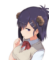 Rule 34 | 1girl, black hair, bow, bowtie, breasts, collared shirt, commentary request, demon horns, gabriel dropout, hair ornament, highres, horns, looking to the side, medium breasts, medium hair, purple eyes, red bow, red bowtie, school uniform, shirt, short hair, short sleeves, solo, sweater vest, ttr41328, vignette tsukinose april, white background, white shirt, x hair ornament