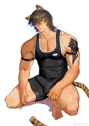 Rule 34 | 1boy, absurdres, alternate costume, animal ears, arknights, bara, black bodysuit, black hair, bodysuit, broca (arknights), bulge, cat boy, cat ears, cat tail, cigarette, covered navel, erection, erection under clothes, hair over one eye, highres, large pectorals, male focus, medium hair, muscular, muscular male, pectoral cleavage, pectorals, sidepec, singlet, solo, tail, thighs, xiedaifenshi (7329016845), yellow eyes