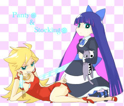 Rule 34 | 10s, 2girls, back lace, black hair, blonde hair, blue eyes, bow, dress, earrings, grin, gun, hoop earrings, jewelry, long hair, lots of jewelry, lying, multicolored hair, multiple girls, on side, panty &amp; stocking with garterbelt, panty (psg), pantyhose, purple hair, red dress, short dress, siblings, sisters, smile, stocking (psg), striped clothes, striped legwear, striped pantyhose, stripes i &amp; ii, sword, thighhighs, two-tone hair, weapon, yonehara