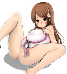 Rule 34 | artist request, ass, blush, brown eyes, brown hair, commentary request, covering privates, creatures (company), flower, game freak, hair flower, hair ornament, hat, lady (pokemon), long hair, looking at viewer, lying, nintendo, nude, nude cover, pokemon, pokemon bw, pussy, simple background, spread legs, tagme, uncensored, unworn hat, unworn headwear