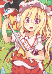 Rule 34 | 1girl, :d, ascot, blonde hair, blush, bow, collar, crystal, dress, fang, flag, flandre scarlet, frilled collar, frilled shirt collar, frills, hat, hat bow, hat ribbon, highres, kan lee, looking at viewer, mob cap, open mouth, puffy short sleeves, puffy sleeves, purple eyes, red dress, ribbon, short sleeves, side ponytail, skirt, skirt set, smile, solo, touhou, upper body, wings