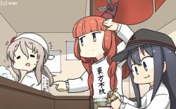 Rule 34 | = =, akatsuki (kancolle), alternate costume, anchor symbol, bandana, black headwear, blunt bangs, braid, chopsticks, commentary request, counter, dated, de ruyter (kancolle), eating, flat cap, food, green eyes, grey hair, gundam, hamu koutarou, hat, highres, kantai collection, long hair, noodles, one-hour drawing challenge, pola (kancolle), ramen, red hair, side braid, soap bubbles, sweater, translation request, upper body, wavy hair, white sweater, windmill