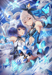 Rule 34 | 2girls, :o, bare shoulders, black gloves, blue butterfly, blue eyes, blue hair, bronya zaychik, bronya zaychik (herrscher of reason), bug, butterfly, chococuco, dress, drill hair, earrings, elbow gloves, flower, gloves, grey eyes, grey hair, grin, hair between eyes, hair flower, hair ornament, highres, honkai (series), honkai impact 3rd, insect, jewelry, lips, long hair, multiple girls, open mouth, seele vollerei, seele vollerei (stygian nymph), short hair, sleeveless, sleeveless dress, smile, teeth, thighhighs, twin drills, white dress, white flower, white legwear