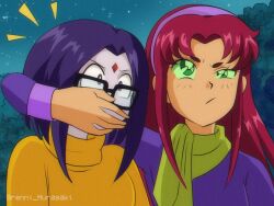 Rule 34 | 1990s (style), 2girls, animification, brenni murasaki, clip studio paint (medium), closed mouth, colored sclera, cosplay, covering another&#039;s mouth, daphne ann blake, daphne ann blake (cosplay), dc comics, forest, glasses, green eyes, green scarf, green sclera, hairband, multiple girls, nature, night, night sky, outdoors, purple hair, purple hairband, raven (dc), red hair, retro artstyle, scarf, scooby-doo, sky, star (sky), starfire, starry sky, sweater, teen titans, uneven eyes, upper body, velma dace dinkley, velma dace dinkley (cosplay), yellow sweater, bad tag