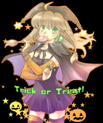 Rule 34 | 1girl, ahoge, black background, breasts, brown hair, candy, cape, cowboy shot, dress, food, gloves, green eyes, halloween, hat, jack-o&#039;-lantern, lilka eleniak, long hair, looking at viewer, low-tied long hair, outline, pumpkin, retro artstyle, solo, thighhighs, third-party source, twintails, unadare chop, wild arms, wild arms 2, witch, wrapped candy