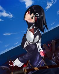 Rule 34 | 1girl, 73suke, absurdres, android, black hair, black skirt, blood, blood on clothes, blood on face, blood on hands, blue sky, brown eyes, cloud, day, gloves, glowing, glowing eye, haguro (kancolle), haguro kai ni (kancolle), hair ornament, head tilt, heterochromia, highres, kantai collection, katana, long sleeves, looking at viewer, looking back, mechanical parts, ocean, outdoors, red eyes, shaft look, sheath, sheathed, short hair, skirt, sky, smile, solo, sword, water, weapon, white gloves