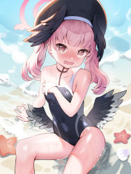 Rule 34 | 1girl, @ @, arm support, bare arms, bare shoulders, beret, black choker, black hat, black one-piece swimsuit, black wings, blue archive, blush, breasts, choker, collarbone, commentary request, covered navel, day, feathered wings, halo, hat, head wings, highres, koharu (blue archive), lim jaejin, long hair, looking at viewer, low wings, nose blush, one-piece swimsuit, open mouth, outdoors, pink hair, red eyes, seashell, shell, sitting, small breasts, solo, starfish, swimsuit, tears, torn clothes, torn swimsuit, twintails, water, wavy mouth, wet, wings