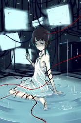 Rule 34 | 1990s (style), 1girl, arm support, barefoot, black eyes, blue eyes, brown hair, cable, chemise, colored eyelashes, dress, hair ornament, iwakura lain, monitor, partially submerged, ripples, satori (transient wind), serial experiments lain, short hair, sitting, solo, wariza, water, wire