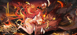 Rule 34 | 1girl, bare shoulders, breasts, dragon, fire, highres, kanola u, large breasts, long hair, looking at viewer, original, red eyes, red hair, smile, solo, the symphony of dragon and girls, western dragon
